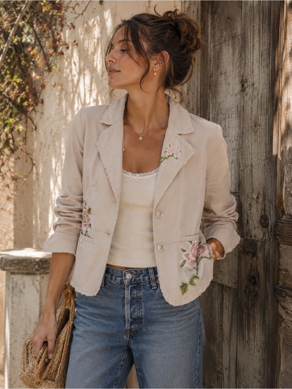 Lulumari Embroidered Floral Cotton Jacket Boho Cottagecore Blazer Medium
